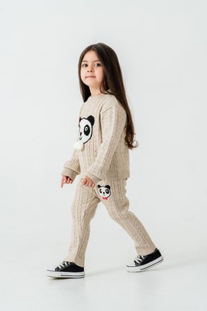 1-5 Yaş Kız Çocuk Panda Desenli Saç Örgü Kışlık Triko Takım 23217