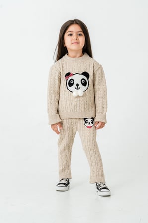 1-5 Yaş Kız Çocuk Panda Desenli Saç Örgü Kışlık Triko Takım 23217
