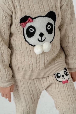 1-5 Yaş Kız Çocuk Panda Desenli Saç Örgü Kışlık Triko Takım 23217