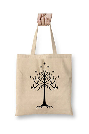 Gondor Ağacı Yüzüklerin Efendisi Beyaz Bez Çanta Uzun Saplı Alışveriş Çantası Plaj Çantası