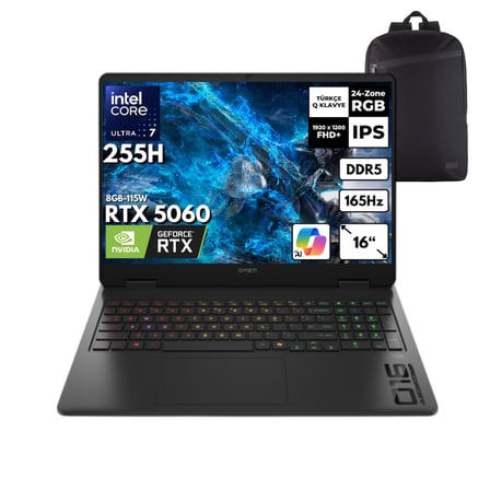 HP OMEN 16-am0018nt Ultra 7-255H 40-GBDDR5 1 TBSSD RTX5060 (8GB-115W) 16" 165Hz Windows 10 Pro + HMF Sırt Çantası BQ1Z1EAHMF50