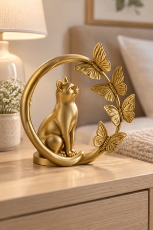 Kelebeklerle Çevrili Zarif Kedi Figürlü Dekoratif Biblo