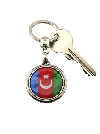 Azerbaycan Bayrak Yuvarlak Damla Anahtarlık