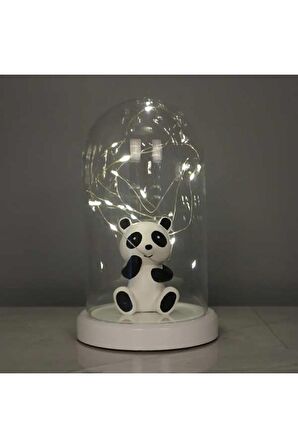 Işıklı Fanus Panda Figürlü Gece Lambası Arkadaşa Hediye Lamba Beyaz Taban