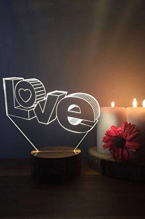 Love Led Masa Lambası Ahşap Taban 7 Farklı Işık Renkli Gece Lambası Hediye Dekoratif Aydınlatma