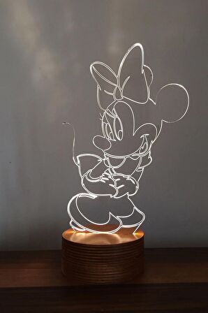 Minnie Mouse Led Masa Lambası Ahşap Taban 7 Farklı Işık Renkli Hediye Dekoratif Aydınlatma