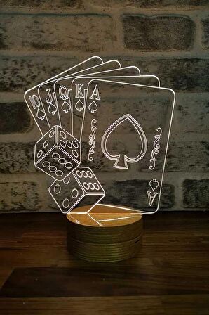 Poker Figürlü Dekoratif Hediye Led Masa Lambası | 7 Işık Rengi | Ahşap Taban