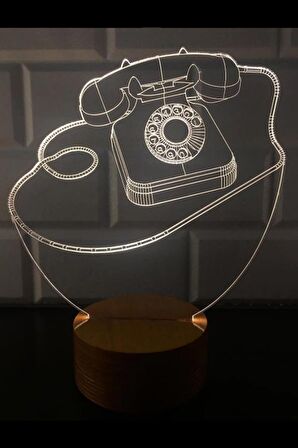 Retro Telefon Figürlü Dekoratif Hediye Led Masa Lambası | 7 Işık Rengi | Ahşap Taban