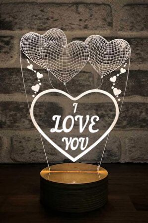 Üç Kalp I Love You Figürlü Dekoratif Hediye Led Masa Lambası | 7 Işık Rengi | Ahşap Taban