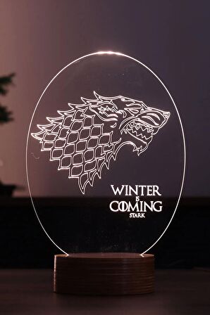 Winter Is Coming Figürlü Dekoratif Hediye Led Masa Lambası | 7 Işık Rengi | Ahşap Taban