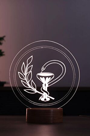 Eczane Logo Figürlü Dekoratif Hediye Led Masa Lambası | 7 Işık Rengi | Ahşap Taban