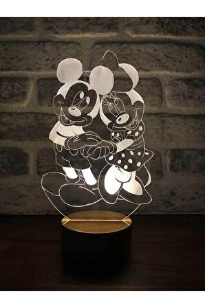 Mickey Ve Minnie Mouse Figürlü Dekoratif Hediye Led Masa Lambası | 7 Işık Rengi | Ahşap Taban