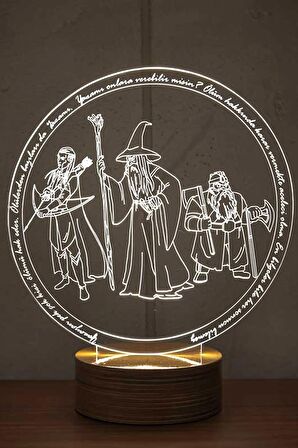 Gandalf Gimli Legolas Figürlü Dekoratif Hediye Led Masa Lambası | 7 Işık Rengi | Ahşap Taban