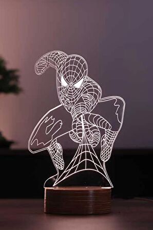 Spiderman Figürlü Dekoratif Hediye Led Masa Lambası | 7 Işık Rengi | Ahşap Taban