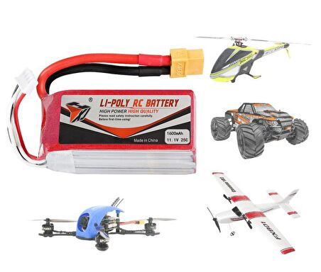 11.1V 1600mAh 3S 25C Lipo Pil RC Yarış Dron Heli Model Uçak Araba