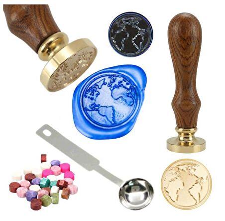 Mektup Damga Mühürü Dünya Haritası + 30 Mühür Mumu + Eritme Kaşığı