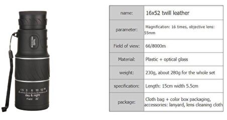 Monoküler Teleskop Dürbün 16*52 Optik Lens HD Vizyon Outdoor