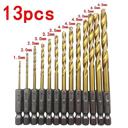 HSS Tungsten Karbür Matkap Uç 13 lü Set 1/4 Hex Shank 1.5-6.5mm 