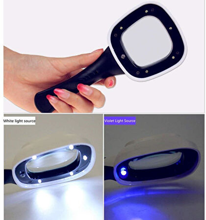 10X HD Lens 55mm 5 LED 1 UV Işıklı Kare El Büyüteç Okuma Kauçuk Çerçeve
