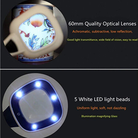 10X HD Lens 55mm 5 LED 1 UV Işıklı Kare El Büyüteç Okuma Kauçuk Çerçeve
