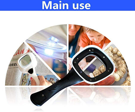 10X HD Lens 55mm 5 LED 1 UV Işıklı Kare El Büyüteç Okuma Kauçuk Çerçeve