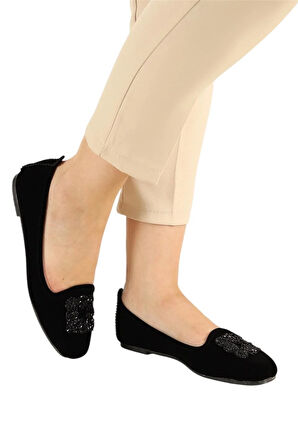 Kadın Taşlı Tokalı Süet Babet SİYAH