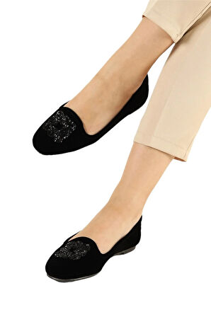 Kadın Taşlı Tokalı Süet Babet SİYAH