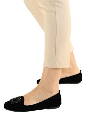 Kadın Taşlı Tokalı Süet Babet SİYAH