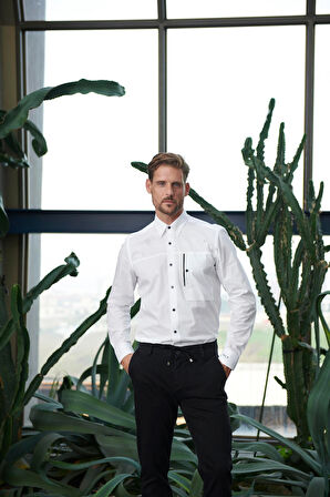 Erkek Gömlek Uzun Kol Beyaz Slim Fit Düğmeli Yaka %100 Pamuk NCS JEANS 7297