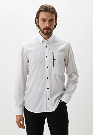 Erkek Gömlek Uzun Kol Beyaz Slim Fit Düğmeli Yaka %100 Pamuk NCS JEANS 7297