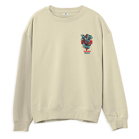 Angry Deer  Baskılı Krem Sweatshirt