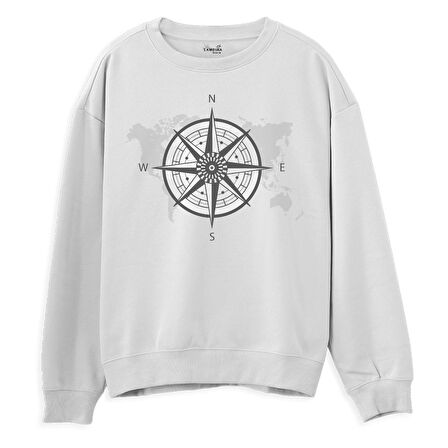 Compass Map  Baskılı Beyaz Sweatshirt