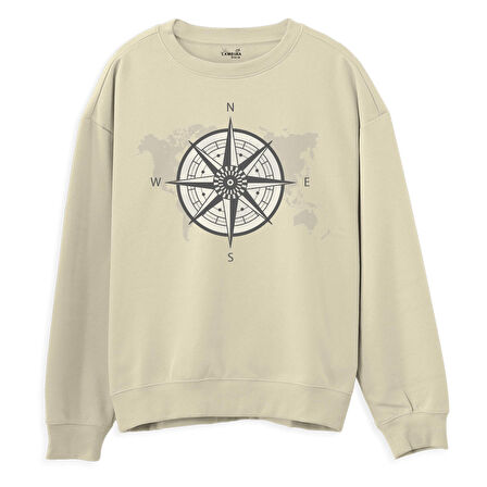 Compass Map  Baskılı Krem Sweatshirt