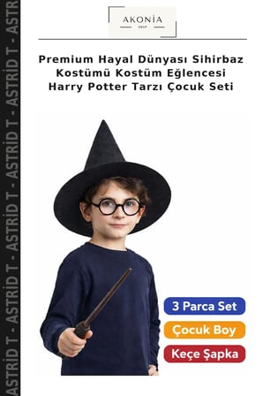 Premium Hayal Dünyası Sihirbaz Kostümü Kostüm Eğlencesi Harry Potter Tarzı Çocuk Seti