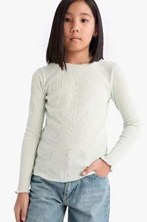Kız Çocuk Slim Fit Dar Kesim Bisiklet Yaka Uzun Kollu Tişört