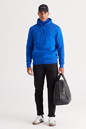 Erkek Koyu Mavi Standart Fit Içi Polarlı 3 Iplik Kapüşonlu Kanguru Cepli Pamuklu Sweatshirt