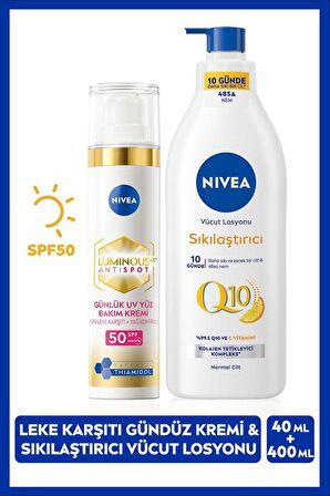 NIVEA Luminous630 Thiamidol Etkili Leke Karşıtı Gündüz Yüz Bakım Kremi 40ml ve Q10 Sıkılaştırıcı C Vitamini Vücut Losyonu 400 ml