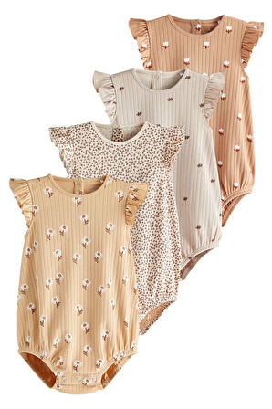 Next Baby % 100 Pamuklu Beige Cream Floral 4’lü Romper Set
