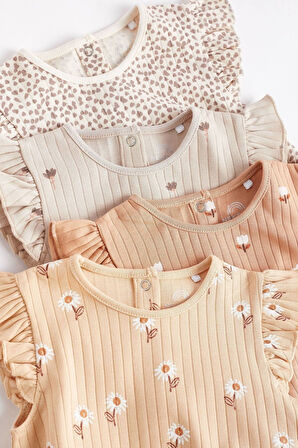 Next Baby % 100 Pamuklu Beige Cream Floral 4’lü Romper Set