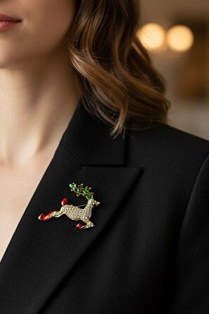 Zirkon Taşlı Geyik Broş Gold – 5 cm, Şık Aksesuar Modeli