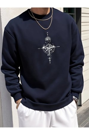 Unisex Yön Gösteren Pusula Tasarım Baskılı Bisiklet Yaka Sweatshirt