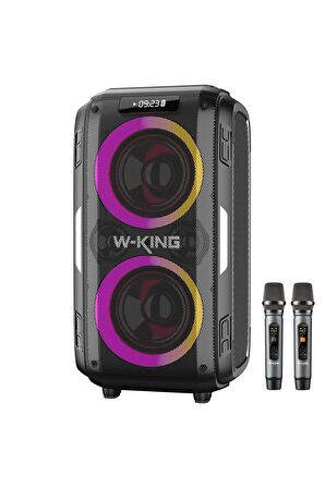 W-KING T9PRO Çift Mikrofonlu Bluetooth Hoparlör 250W Işıklı Karaoke Partybox IPX5 Kablosuz Ses Bombası Siyah