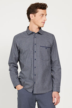 Erkek Lacivert-Gri Slim Fit Dar Kesim Klasik Yaka Kareli Gömlek
