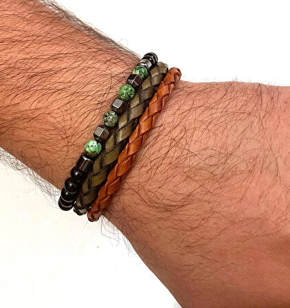 %100 Deri&Hematit Kombinli 3lü Erkek Bileklik Set 21 cm (Türk El Üretimi)