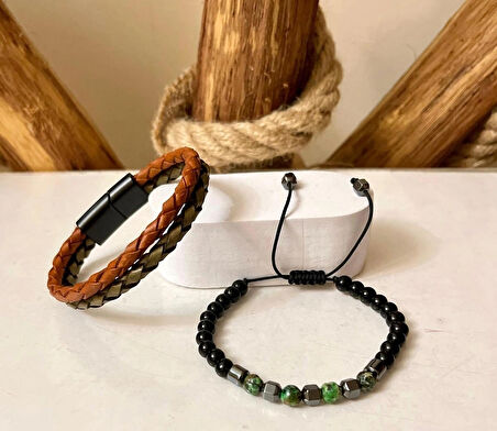 %100 Deri&Hematit Kombinli 3lü Erkek Bileklik Set 21 cm (Türk El Üretimi)