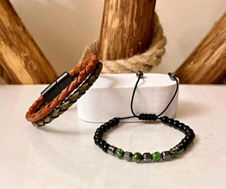 %100 Deri&Hematit Kombinli 3lü Erkek Bileklik Set 21 cm (Türk El Üretimi)