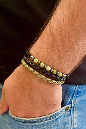 %100 Deri&Hematit Kombinli 3lü Erkek Bileklik Set 21 cm (Türk El Üretimi)