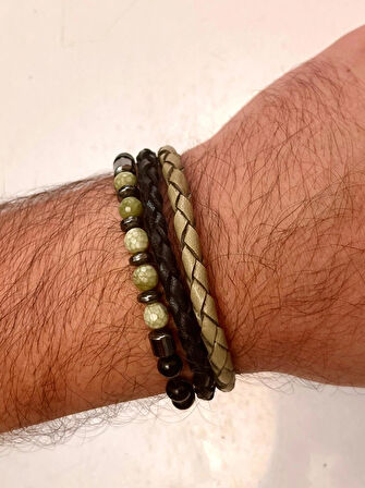 %100 Deri&Hematit Kombinli 3lü Erkek Bileklik Set 21 cm (Türk El Üretimi)