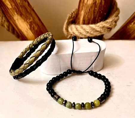 %100 Deri&Hematit Kombinli 3lü Erkek Bileklik Set 21 cm (Türk El Üretimi)