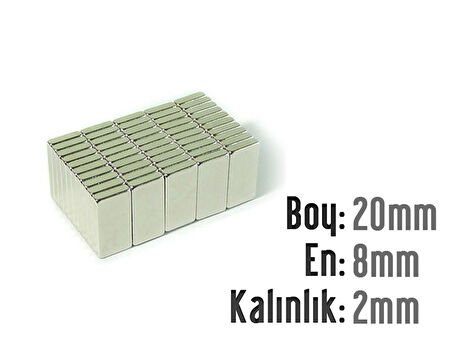 Neodyum Mıknatıs Köşeli  20x8mm , Kalınlık 2 mm ( 3 Adet)